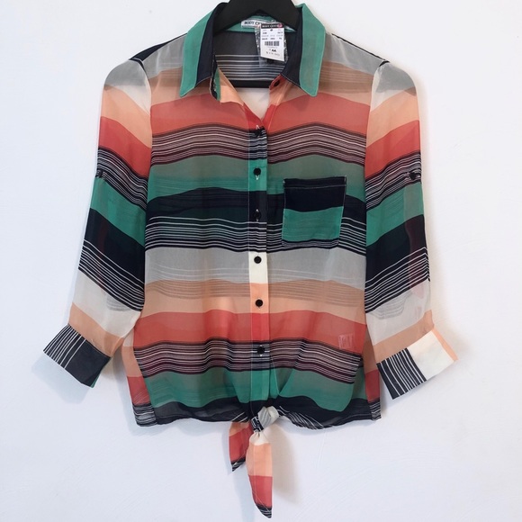 Body Central Tops - NWT Body Central Striped Sheer Tie Front Blouse M